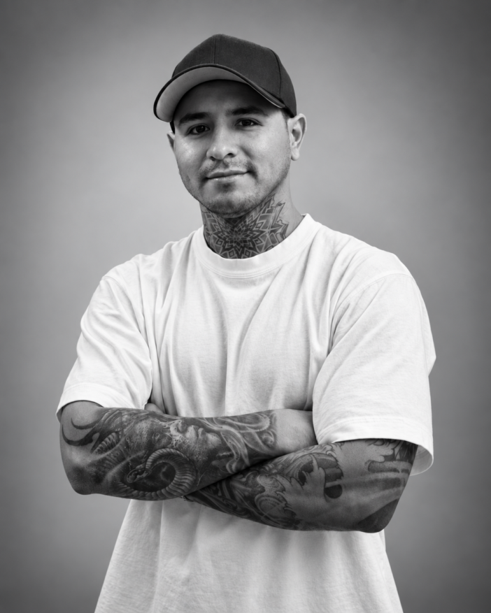 bryan Monochrome Portrait with Geometric Tattoos e1791556416208 tattoo by Inknation Studio NYC.realism-tattoo-arm