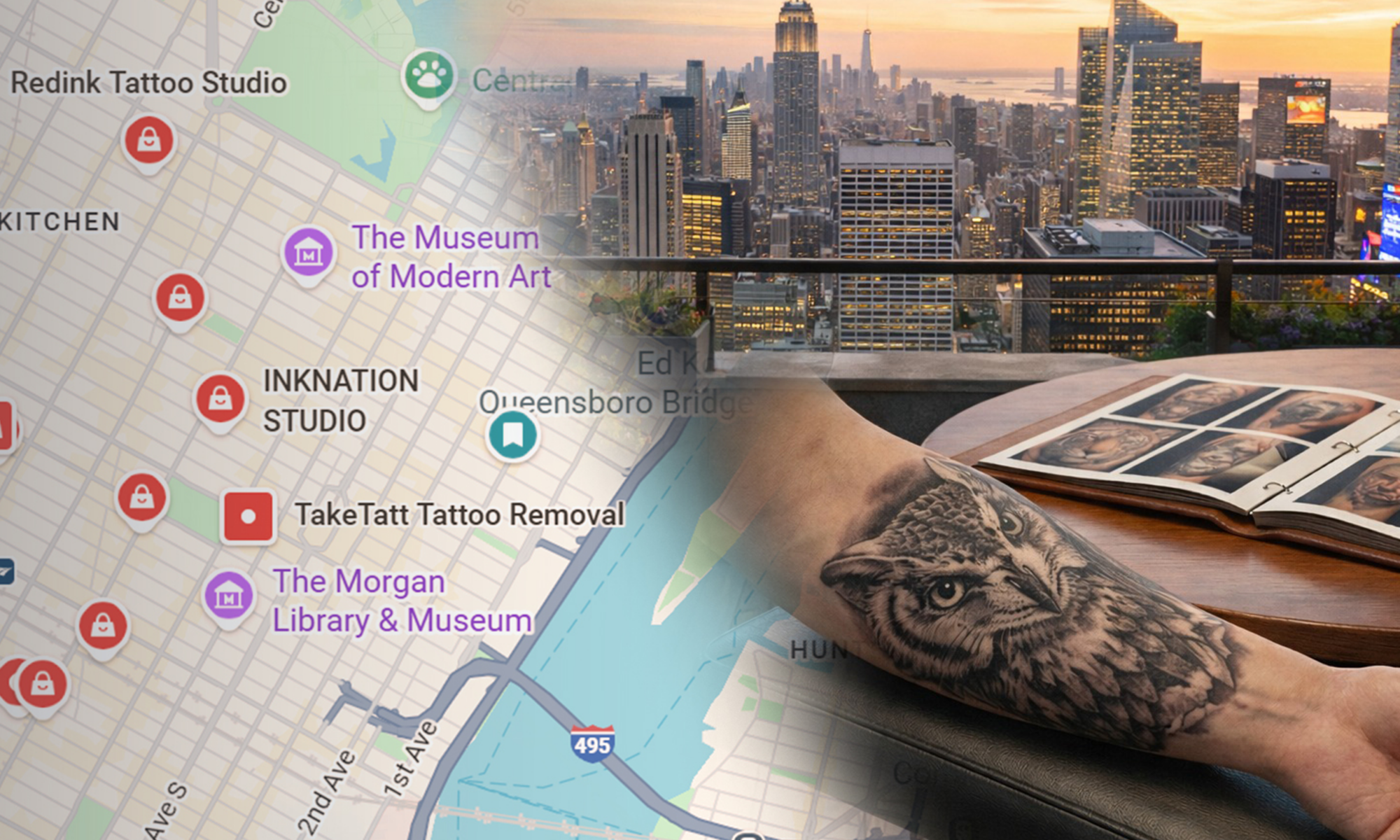 Map of Midtown Manhattan with location pins near InkNation Studio, alongside a rooftop Manhattan skyline and a black-and-grey realism wolf tattoo.