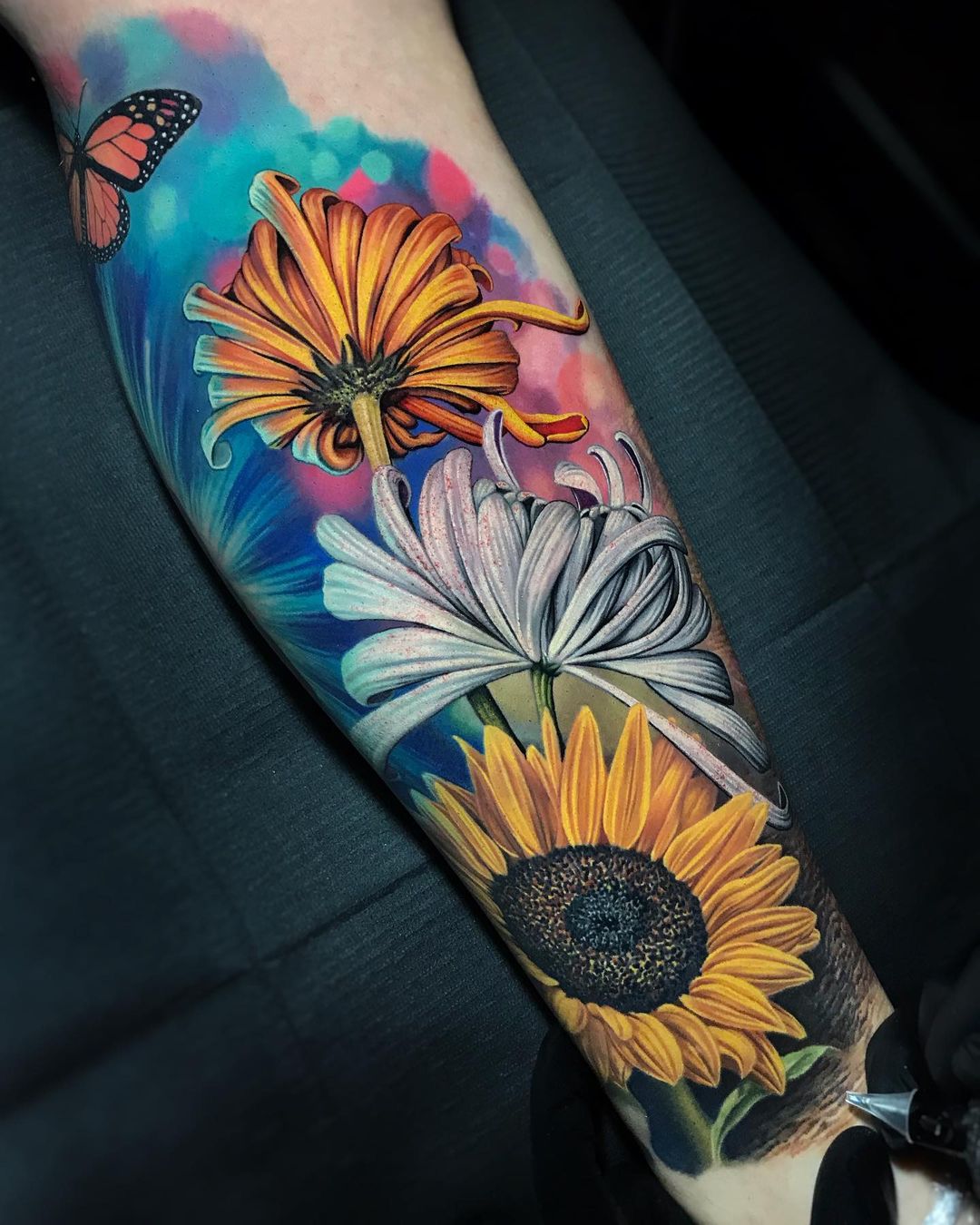 Small black sunflower tattoo on a woman's hand on Craiyon