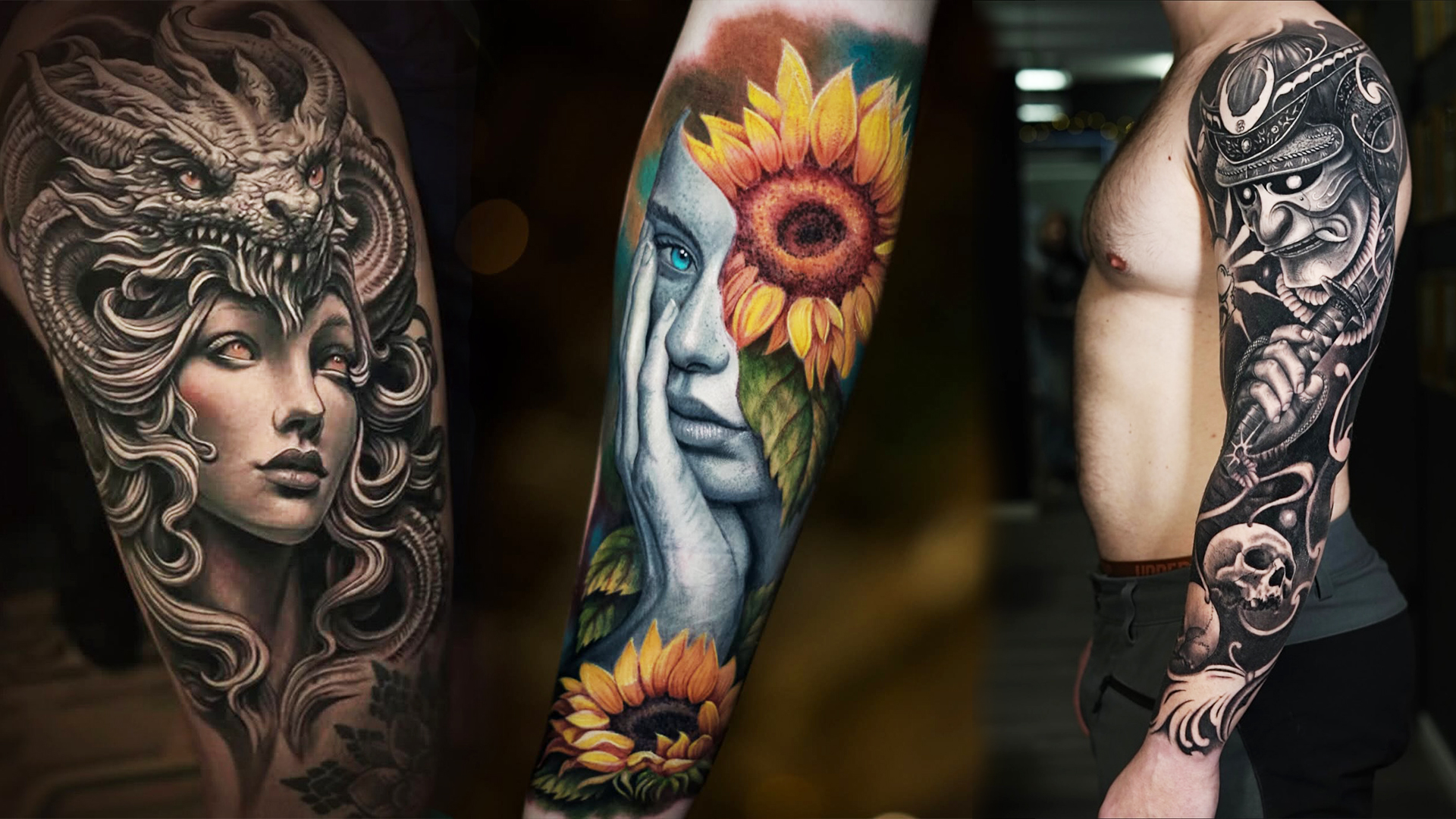 Collage of full sleeve realism tattoos in black and grey and color on arms, created at Inknation Studio NYC