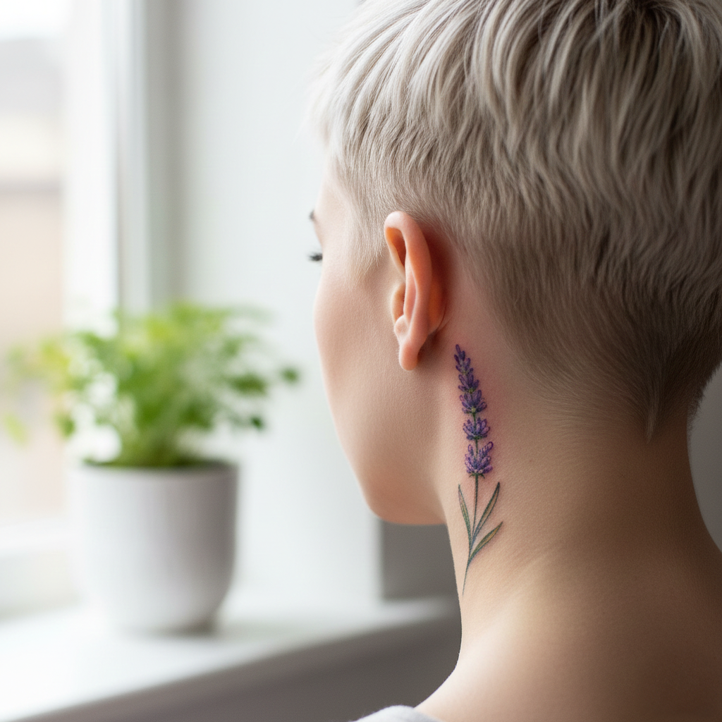 Fine line lavender tattoo behind the ear