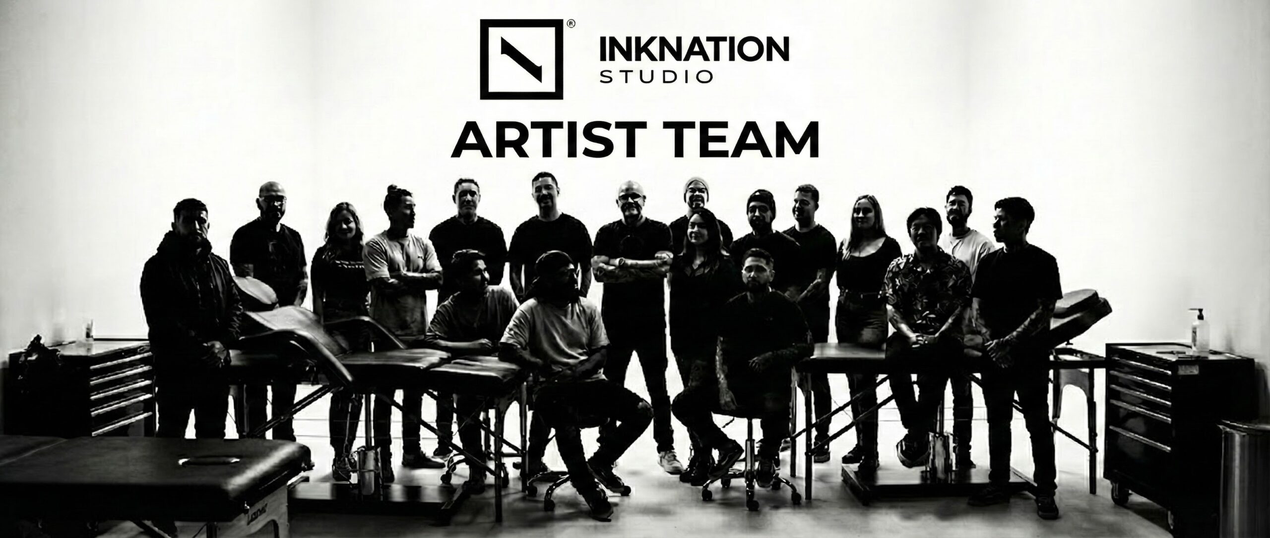 Inknation Studio artist team group photo in New York City, showcasing expert realism tattoo artists at one of the leading tattoo studios in the United States