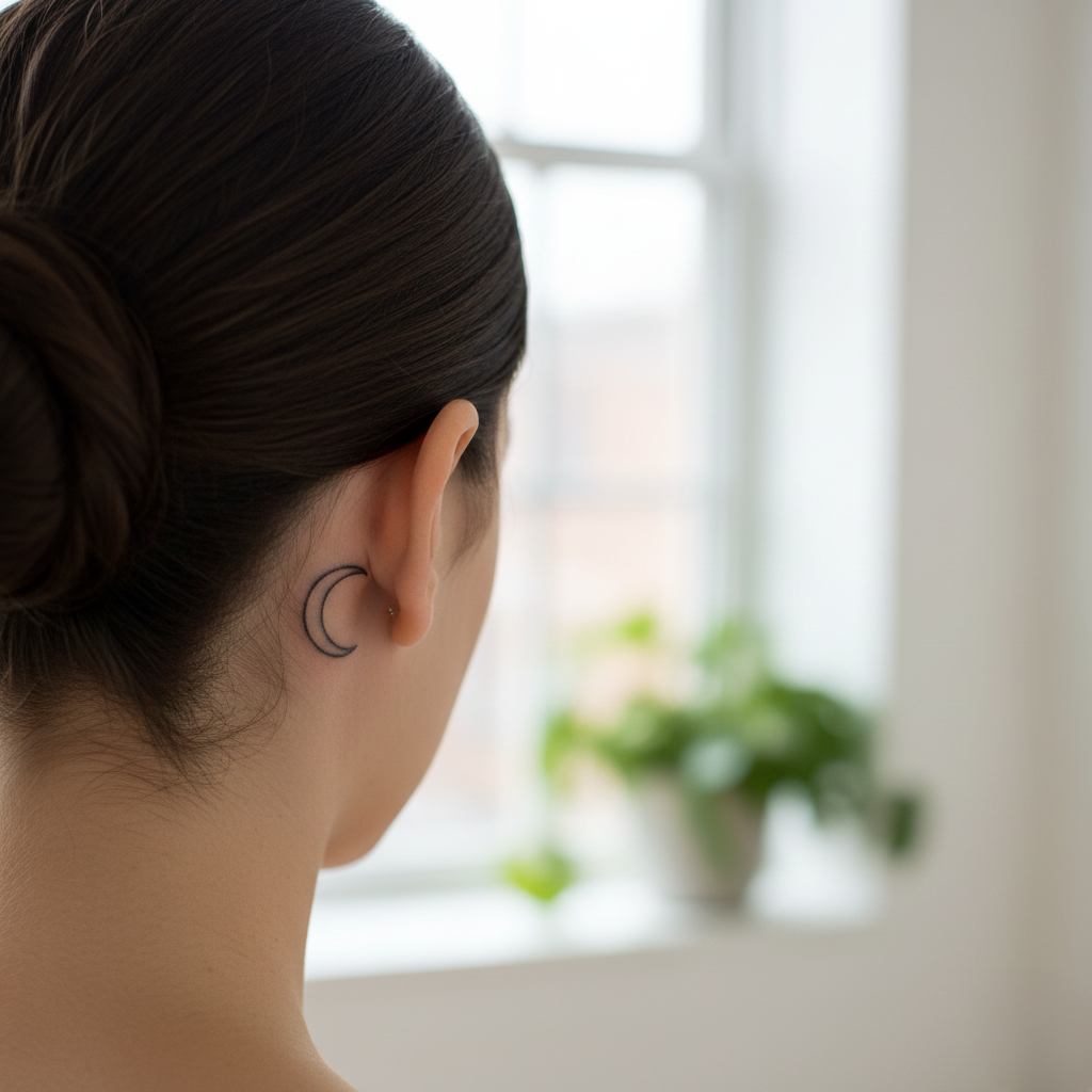 Fine-line crescent moon tattoo behind the ear on a person with hair in a bun.