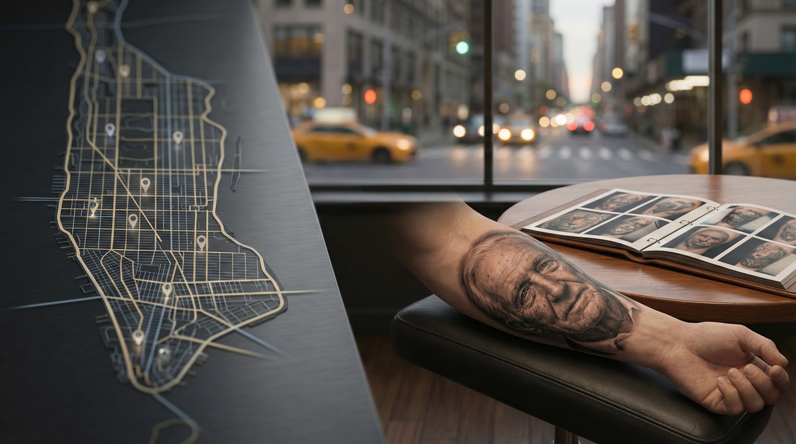Manhattan map with location pins beside a black-and-grey realism portrait tattoo and a tattoo portfolio book in a NYC studio setting.