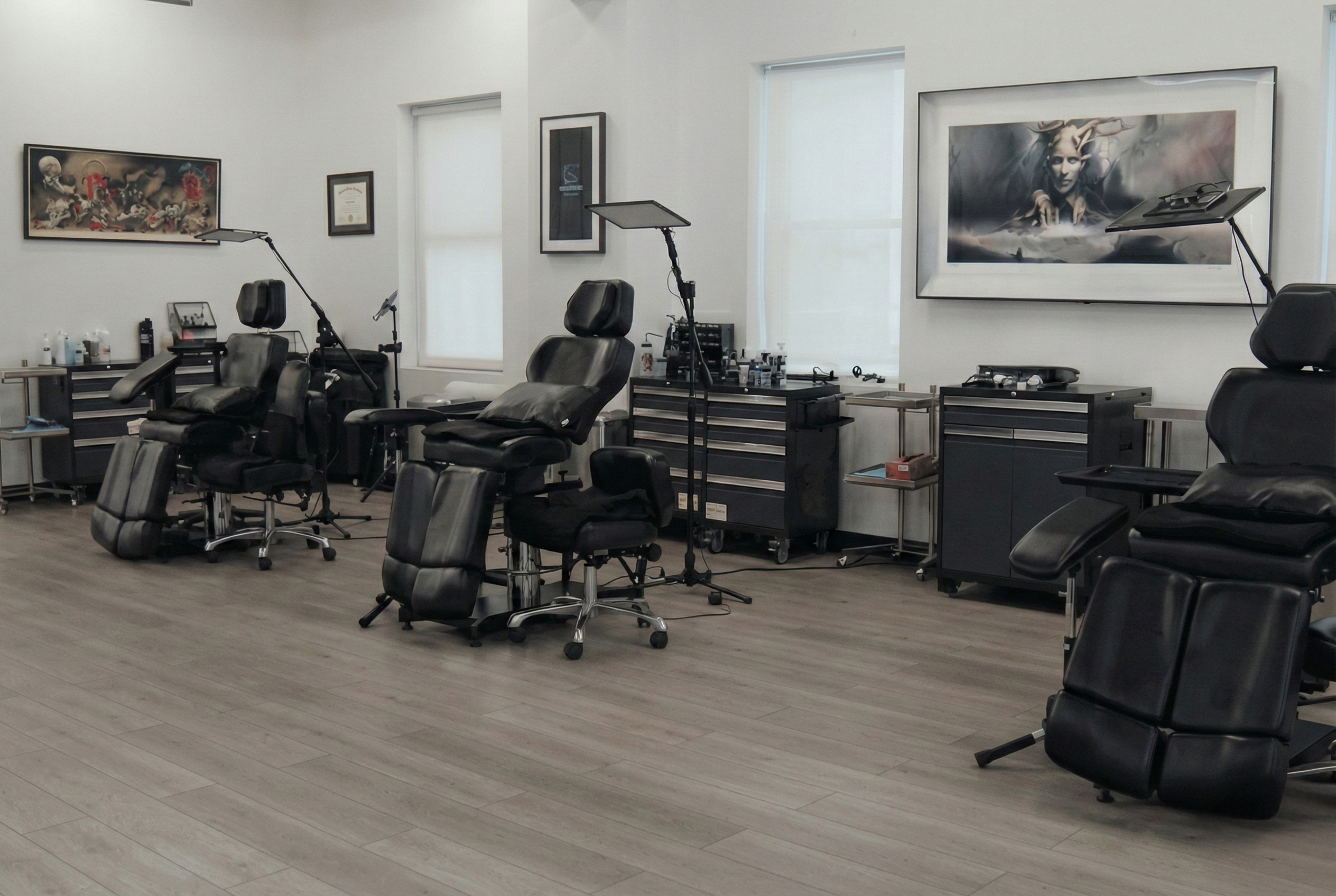 Manhattan NYC tattoo studio interior with clean private stations and tattoo chairs