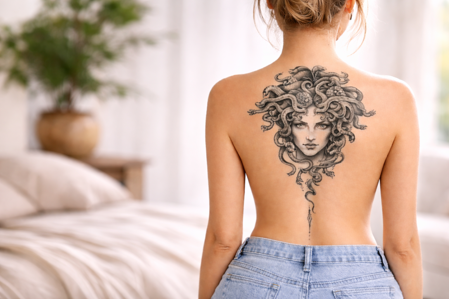 Black and grey Medusa-style back tattoo with snakes and a vertical spine extension