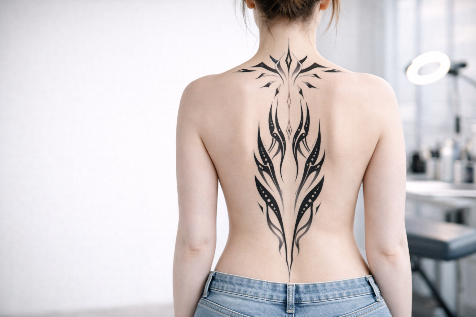 Symmetrical ornamental blackwork spine tattoo on a woman’s back
