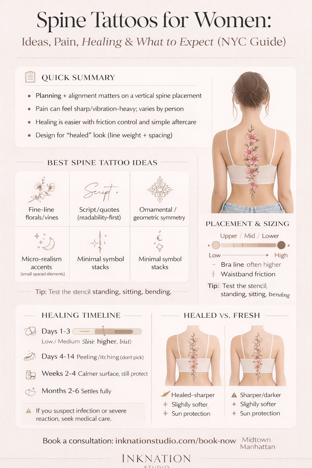 “Infographic explaining spine tattoos for women, including ideas, pain levels, healing timeline, placement guide, and common mistakes, with a minimalist back silhouette in a modern NYC tattoo studio style.
