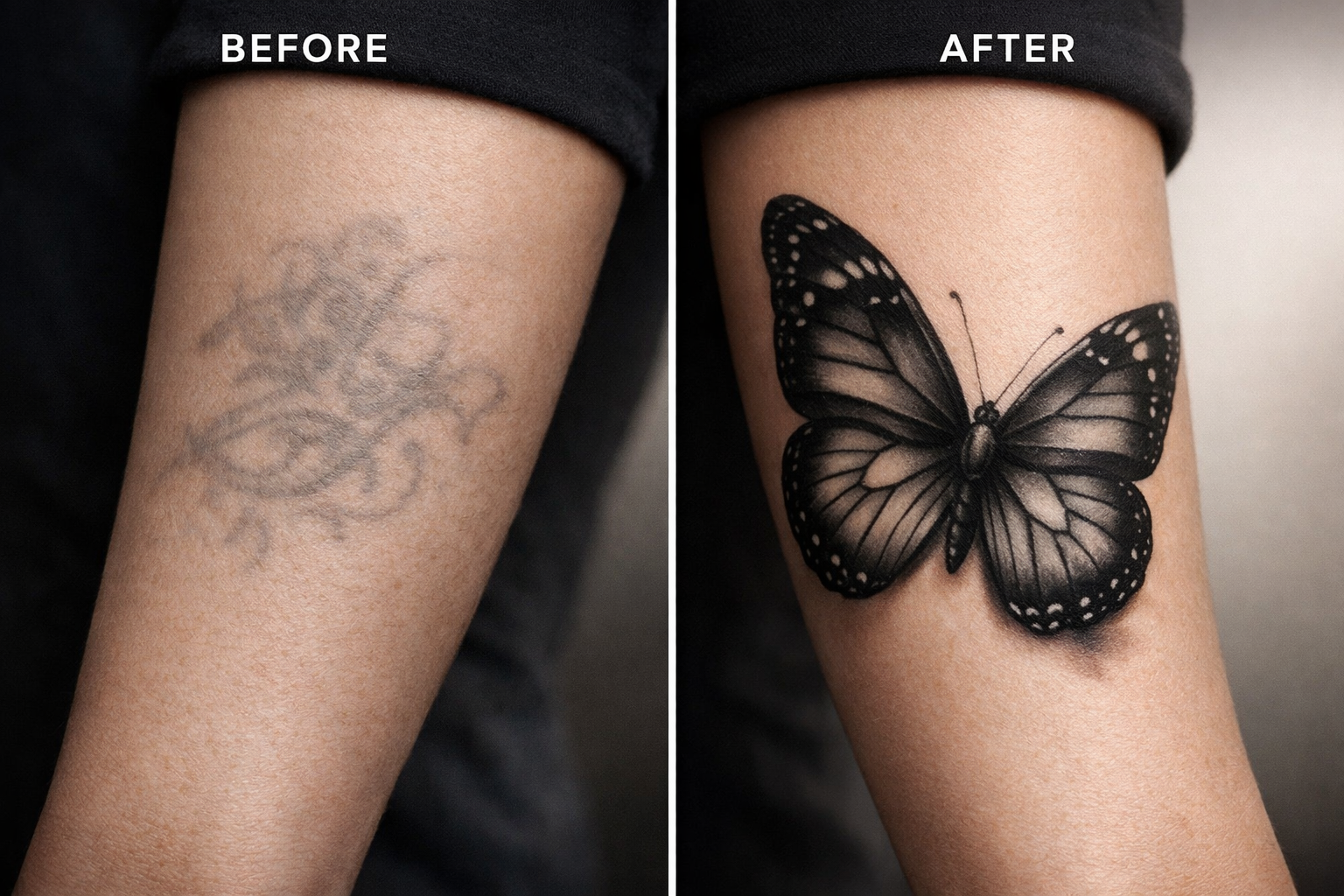 Before and after tattoo cover up: faded forearm tattoo transformed into a black and grey butterfly