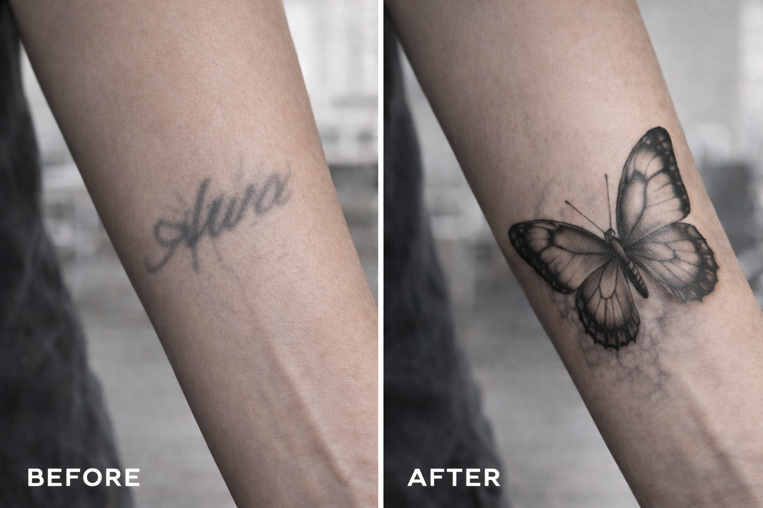 Tattoo transformation from script to butterfly tattoo by Inknation Studio NYC.realism-tattoo-arm