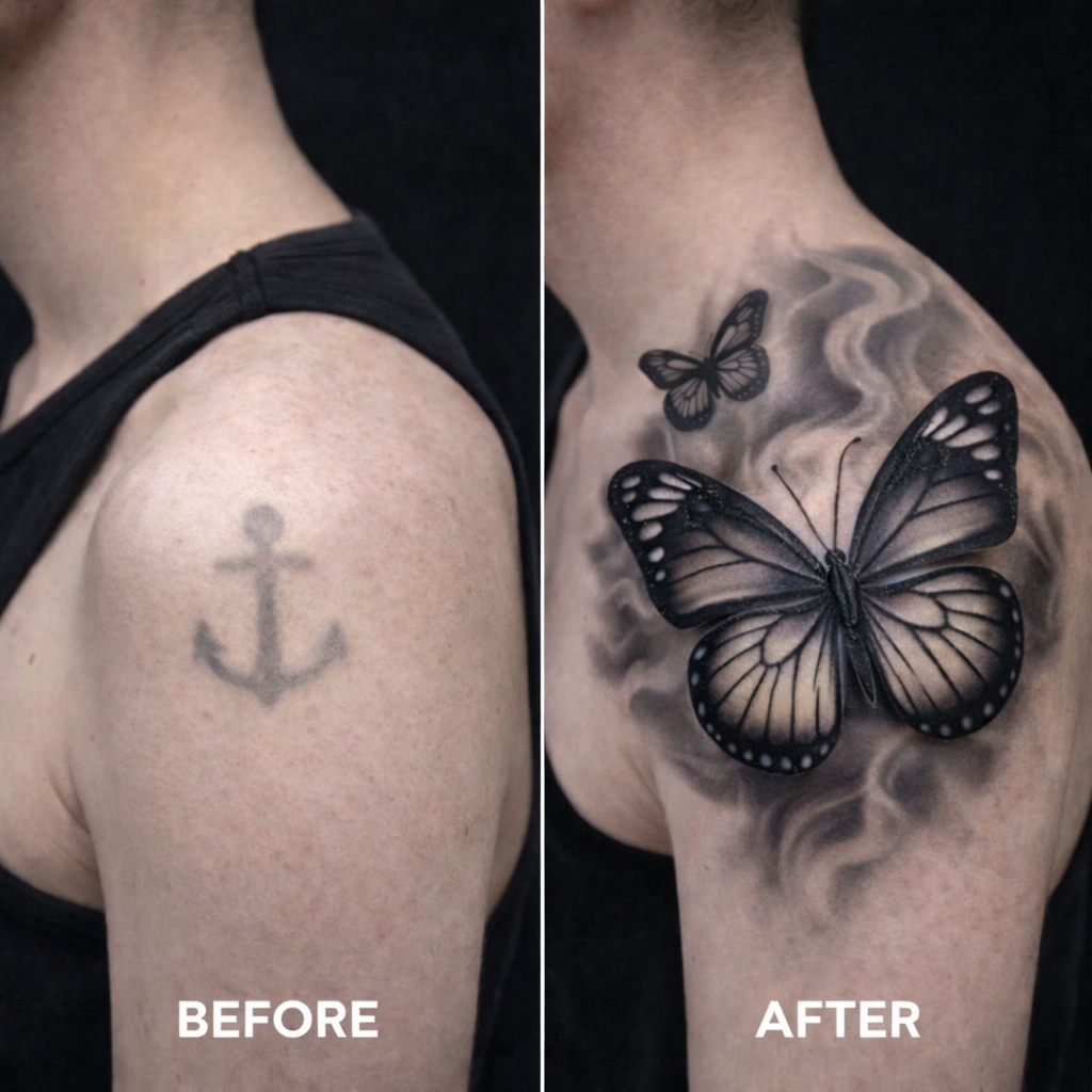 Before and after of a shoulder tattoo cover-up: a faded anchor tattoo replaced by a large, hyper-realistic black and grey butterfly with smoky shading.