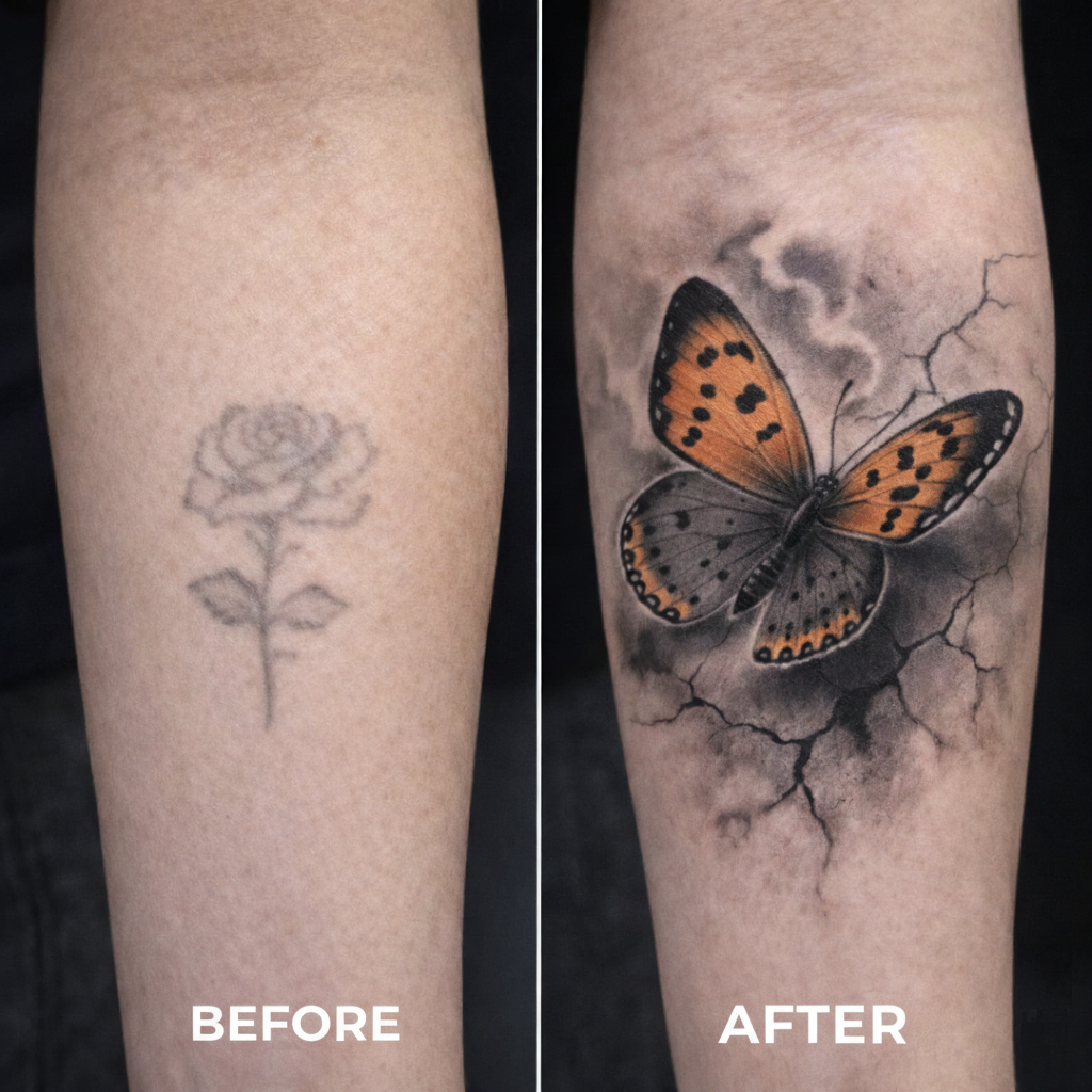 Before and after of an arm tattoo cover-up: a light, faded rose outline replaced by a vibrant orange and black butterfly over a dark, cracked-earth background.