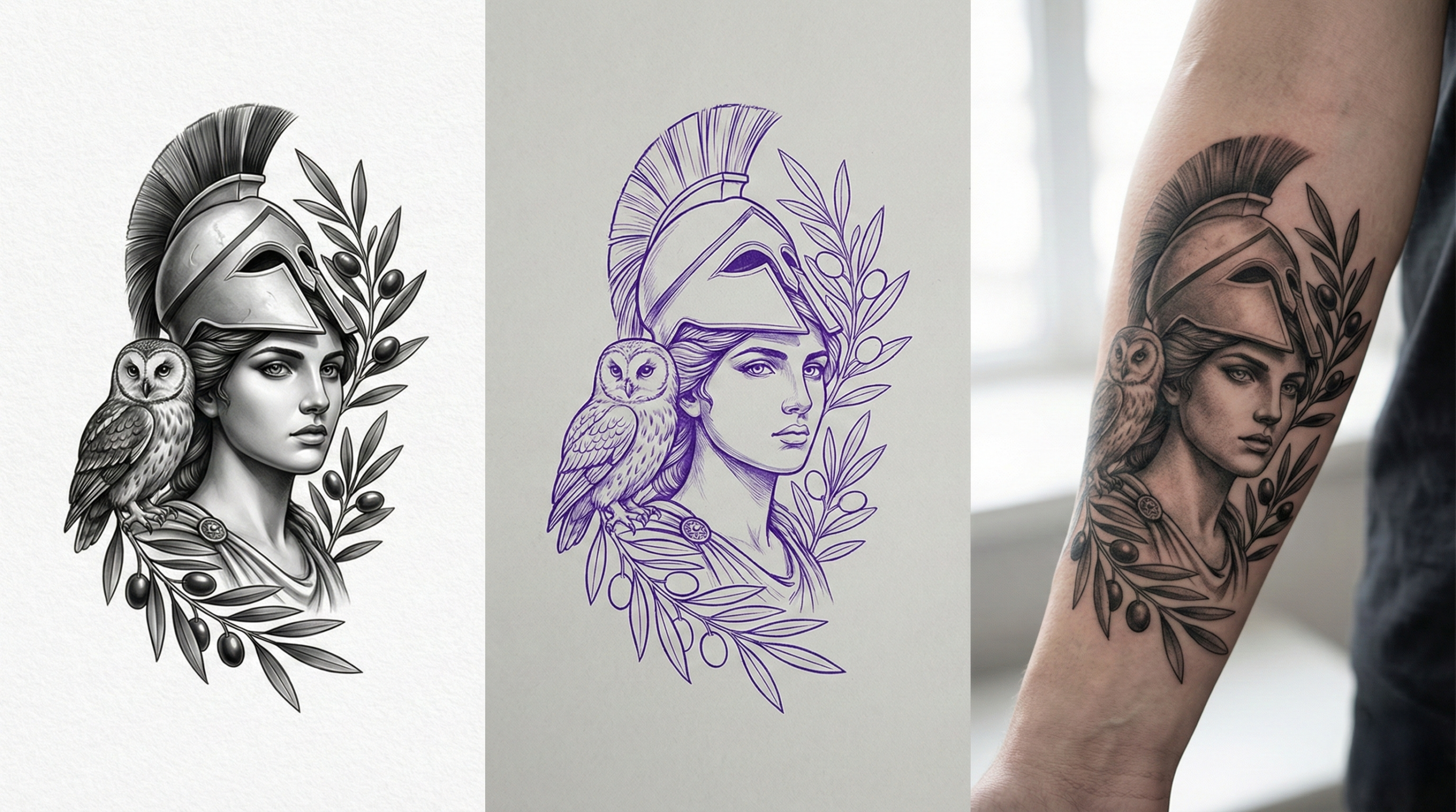 Athena tattoo design, stencil, and healed forearm tattoo mockup