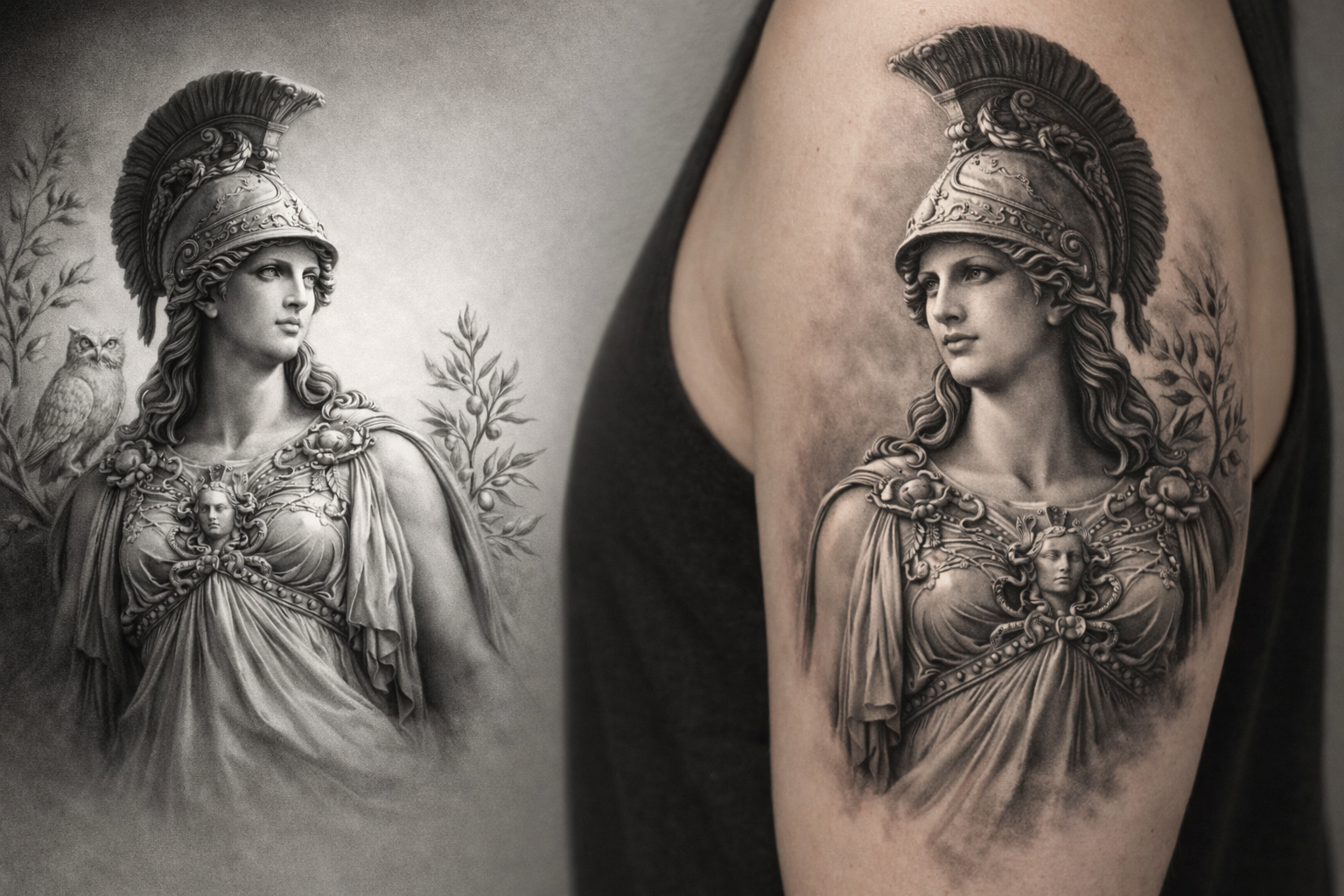 Hyperrealistic Athena tattoo design and forearm tattoo mockup