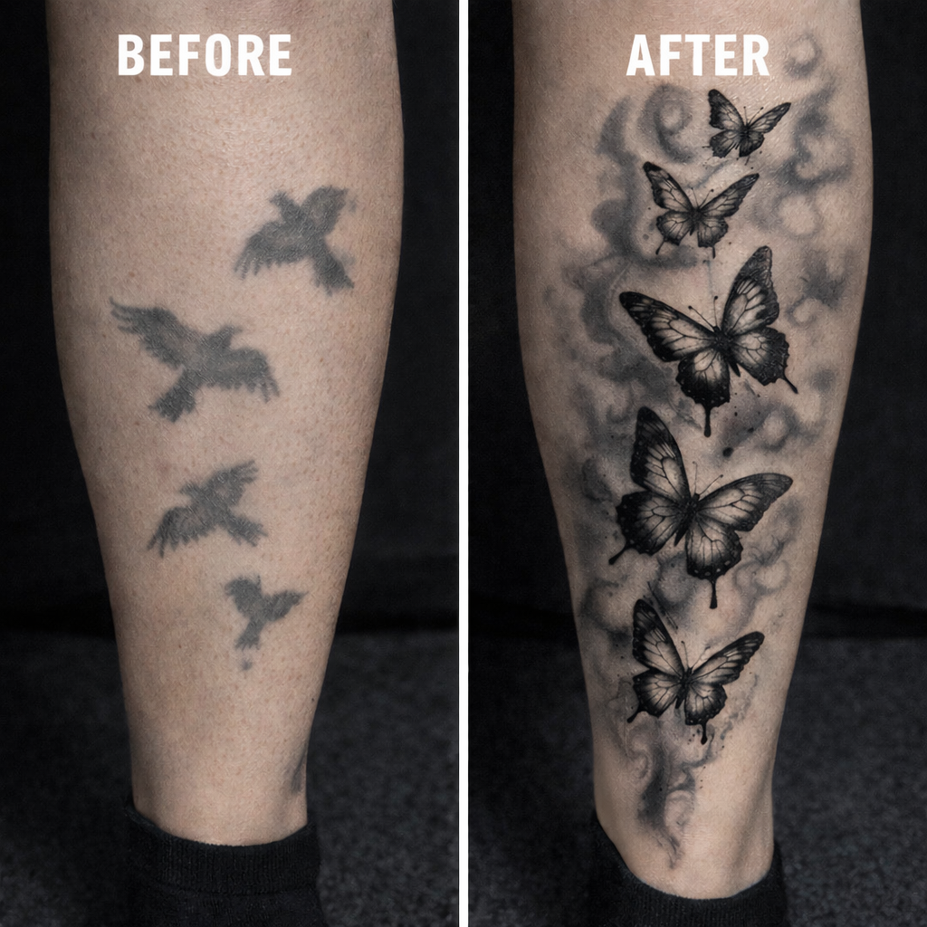 Before and after of a leg tattoo cover-up: four faded bird silhouettes replaced by five realistic black and grey butterflies with smoke-like background shading.