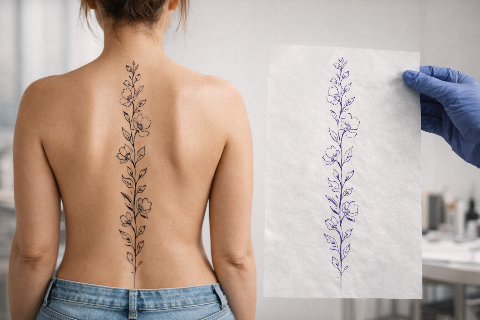 Back view of a woman featuring a vibrant pink cherry blossom tattoo running down her spine.