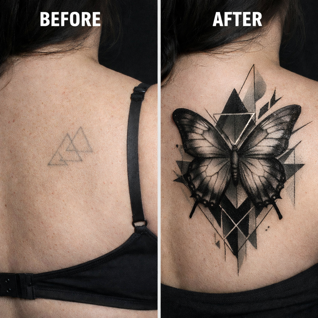 Before and after of a back tattoo cover-up: small geometric triangle outlines replaced by a large, blackwork butterfly integrated with dark geometric patterns.