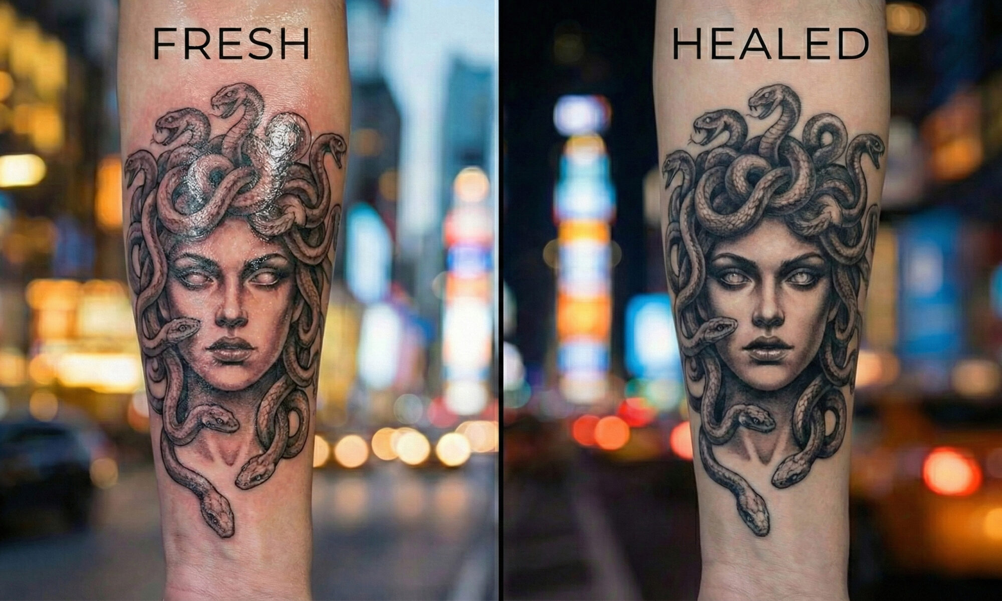 Fresh vs healed comparison of a black and grey Medusa realism tattoo.