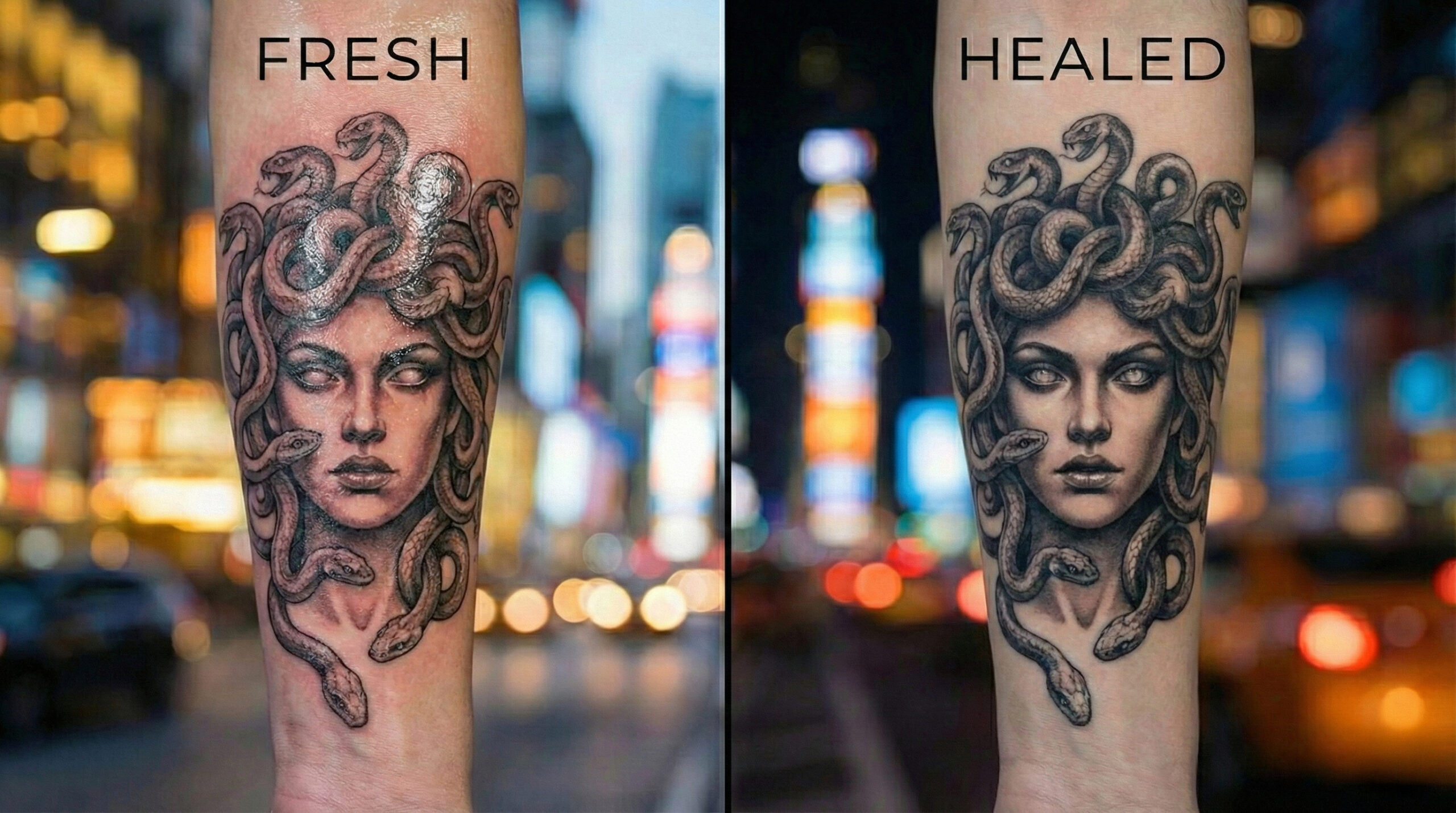 Fresh vs healed comparison of a black and grey Medusa realism tattoo.