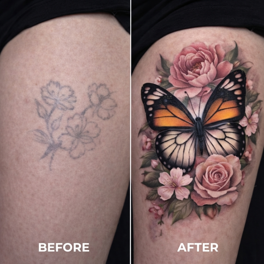 Before and after of a floral tattoo cover-up: faded simple flowers replaced by a vibrant, realistic monarch butterfly and detailed pink roses