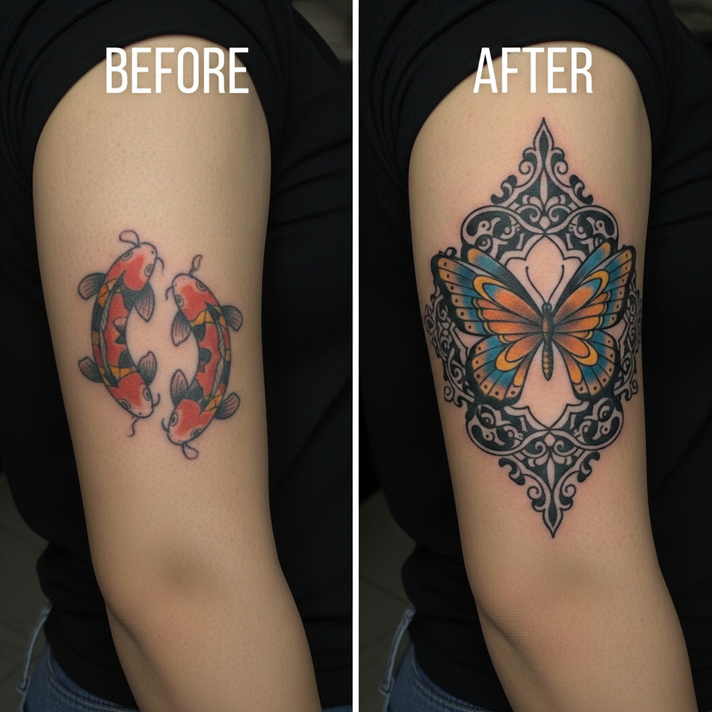 Before and after of an arm tattoo cover-up: two orange koi fish replaced by a traditional butterfly centered within a black ornamental frame.
