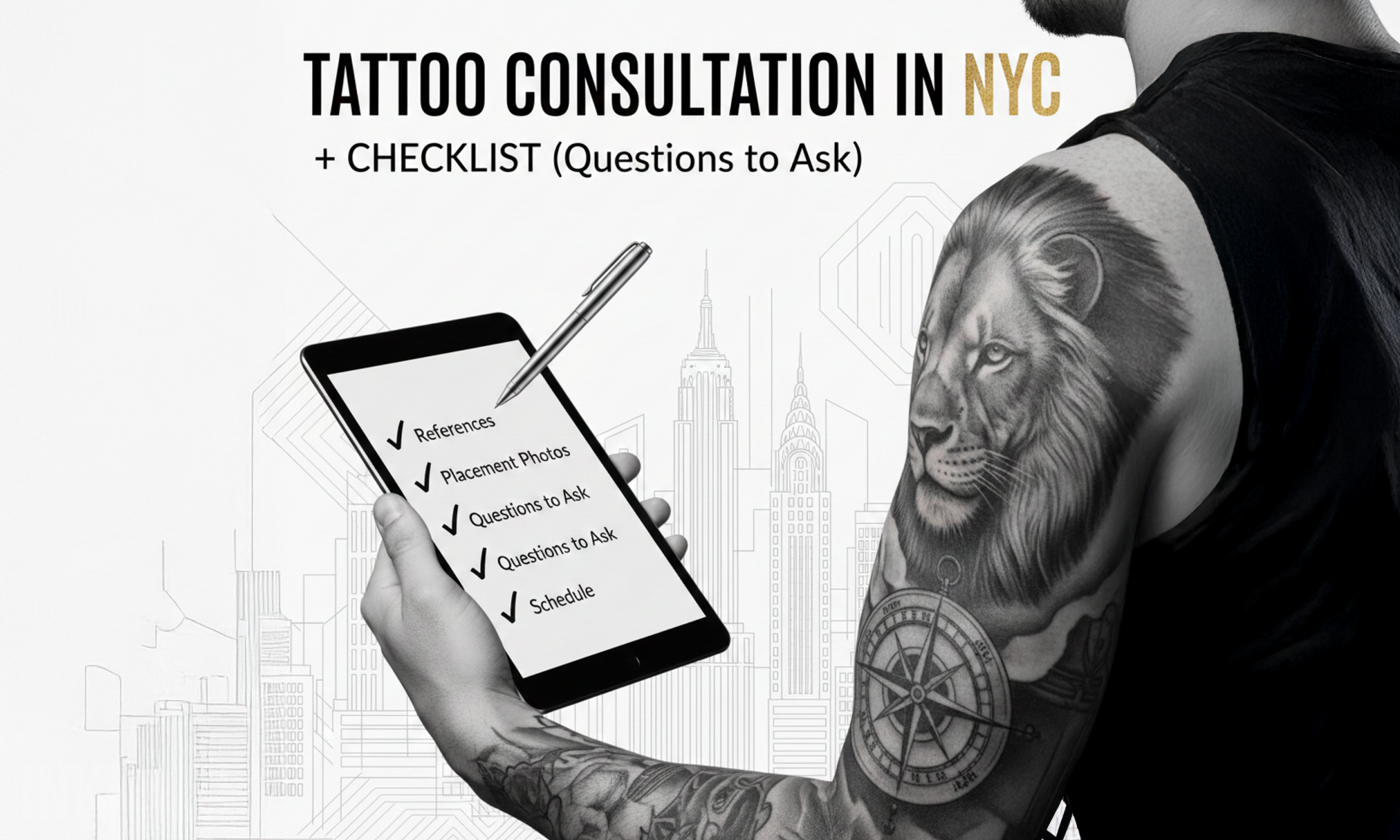Tattoo consultation in NYC checklist graphic with a person showing a lion tattoo and a tablet checklist.