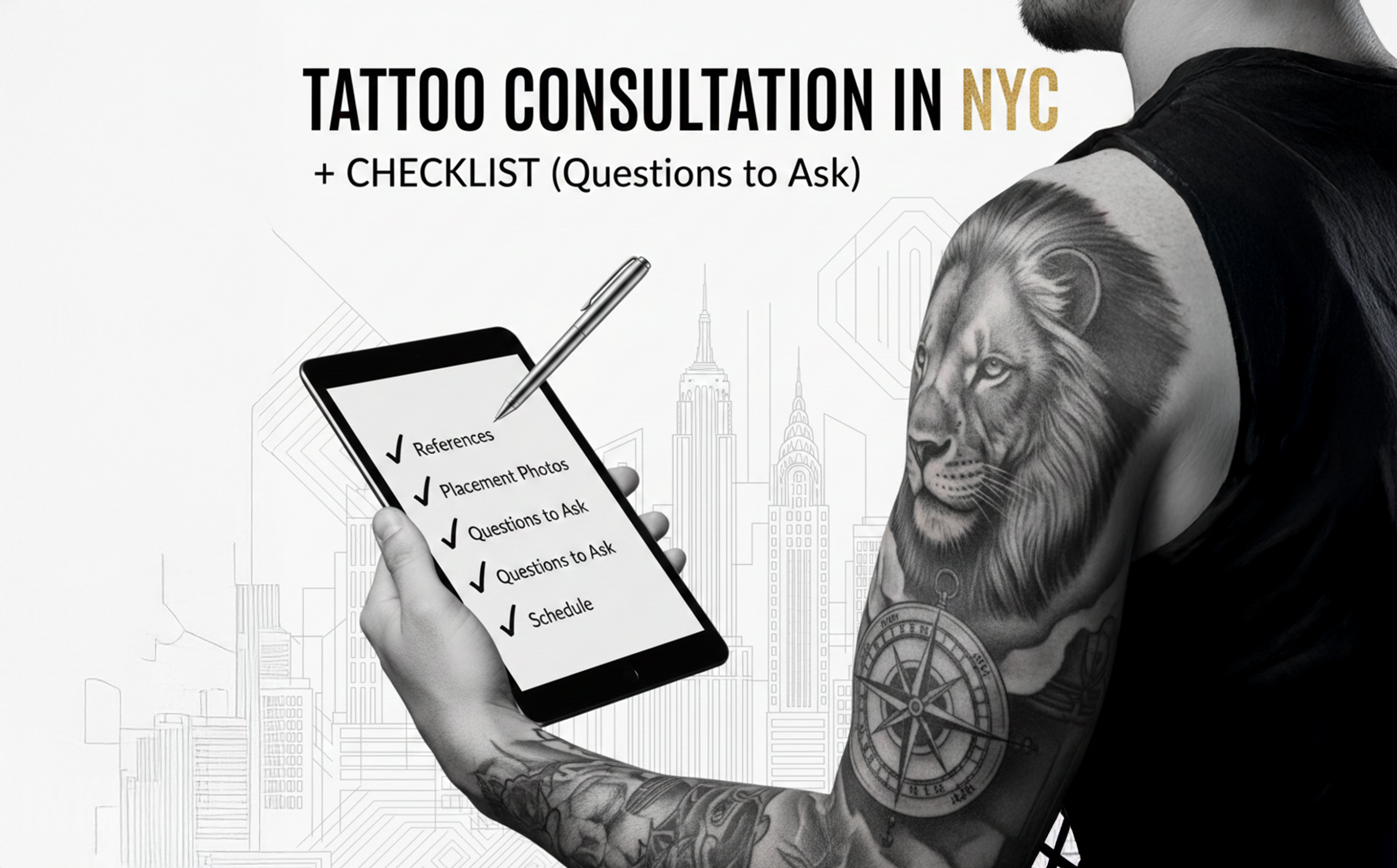 Tattoo consultation in NYC checklist graphic with a person showing a lion tattoo and a tablet checklist.