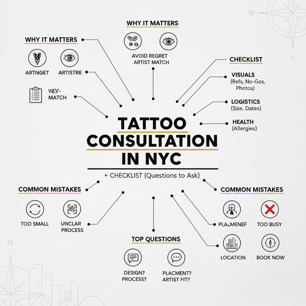Mind map infographic for a tattoo consultation in NYC showing why it matters, a checklist, top questions, and common mistakes.