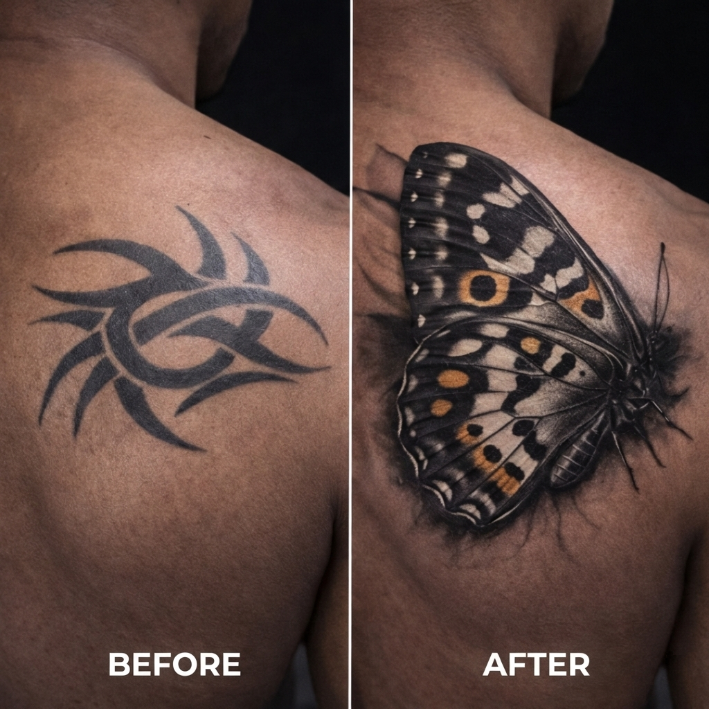 Before and after of a shoulder tattoo cover-up: an old black tribal tattoo covered by a large realistic black and grey butterfly with 3D effects.