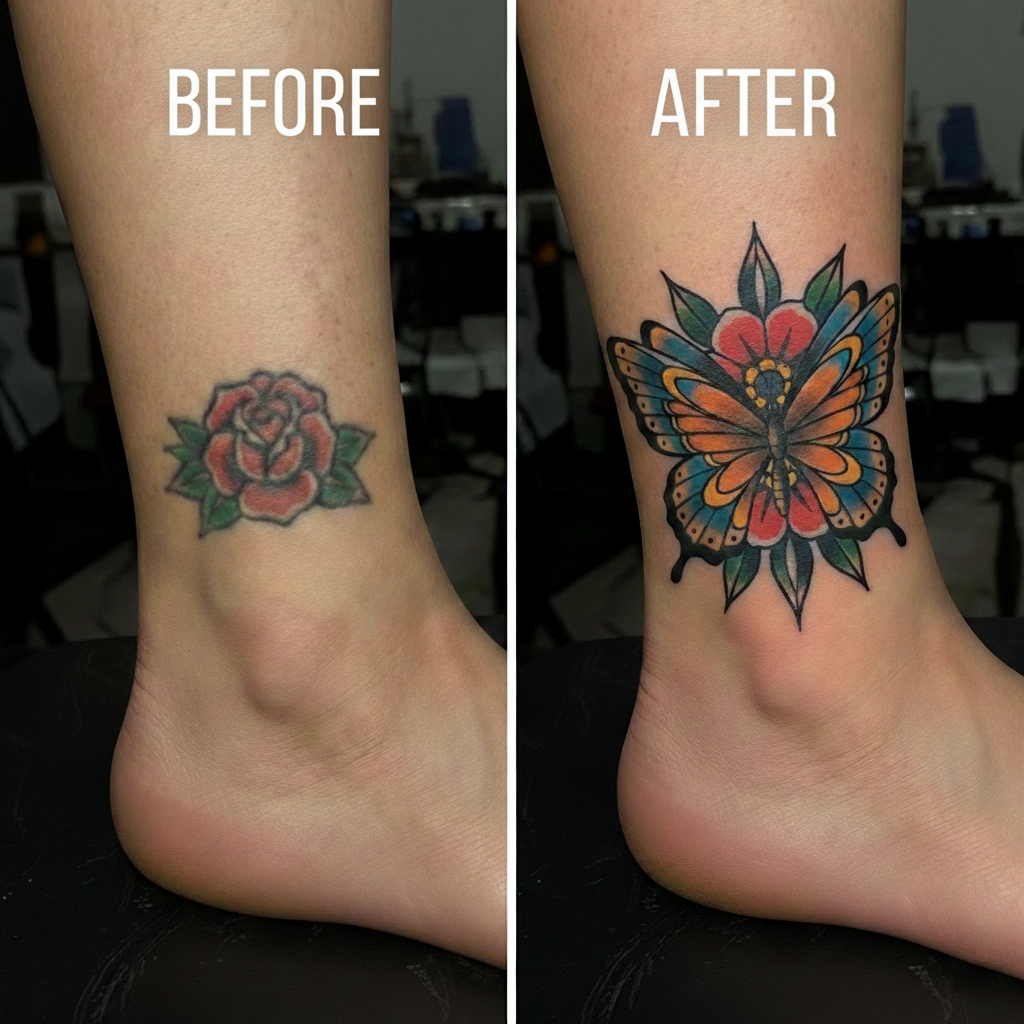 Before and after of an ankle tattoo cover-up: a small red rose replaced by a vibrant traditional-style butterfly with orange, blue, and yellow wings.