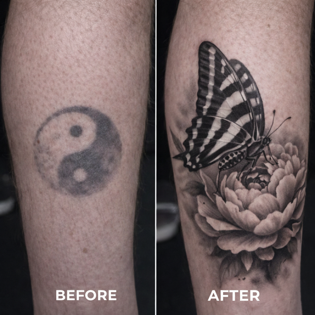 Before and after of a leg tattoo cover-up: a faded black yin-yang symbol replaced by a highly detailed striped butterfly resting on a large peony flower in black and grey realism