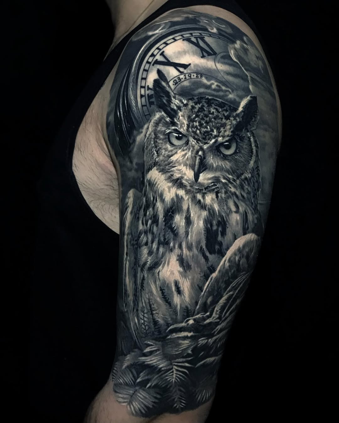 Owl Tattoo with Clock – Black and Grey Realism Upper Arm tattoo by Inknation Studio NYC.realism-tattoo-arm