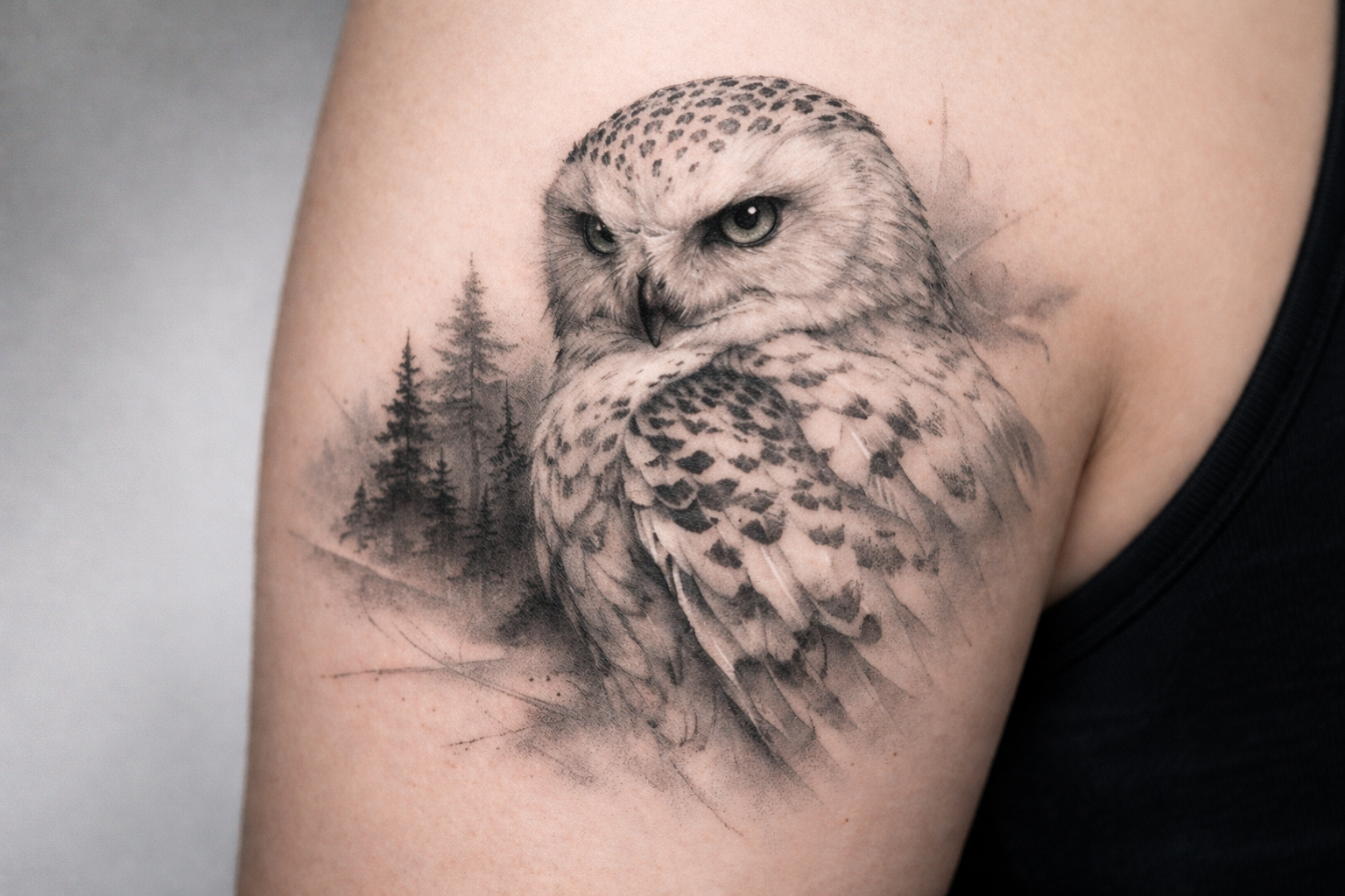 Black and grey realism snowy owl tattoo on upper arm, representing wisdom and intuition. owl tattoo meaning