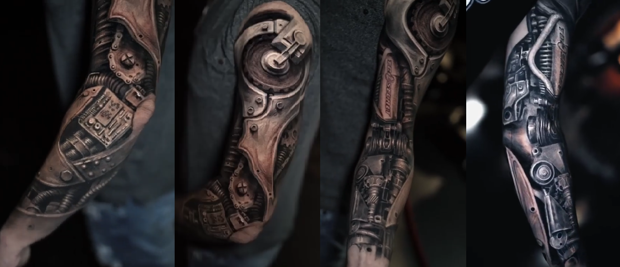 black grey biomechanical arm sleeve detailed machinery tattoo inknation tattoo by Inknation Studio NYC.realism-tattoo-arm