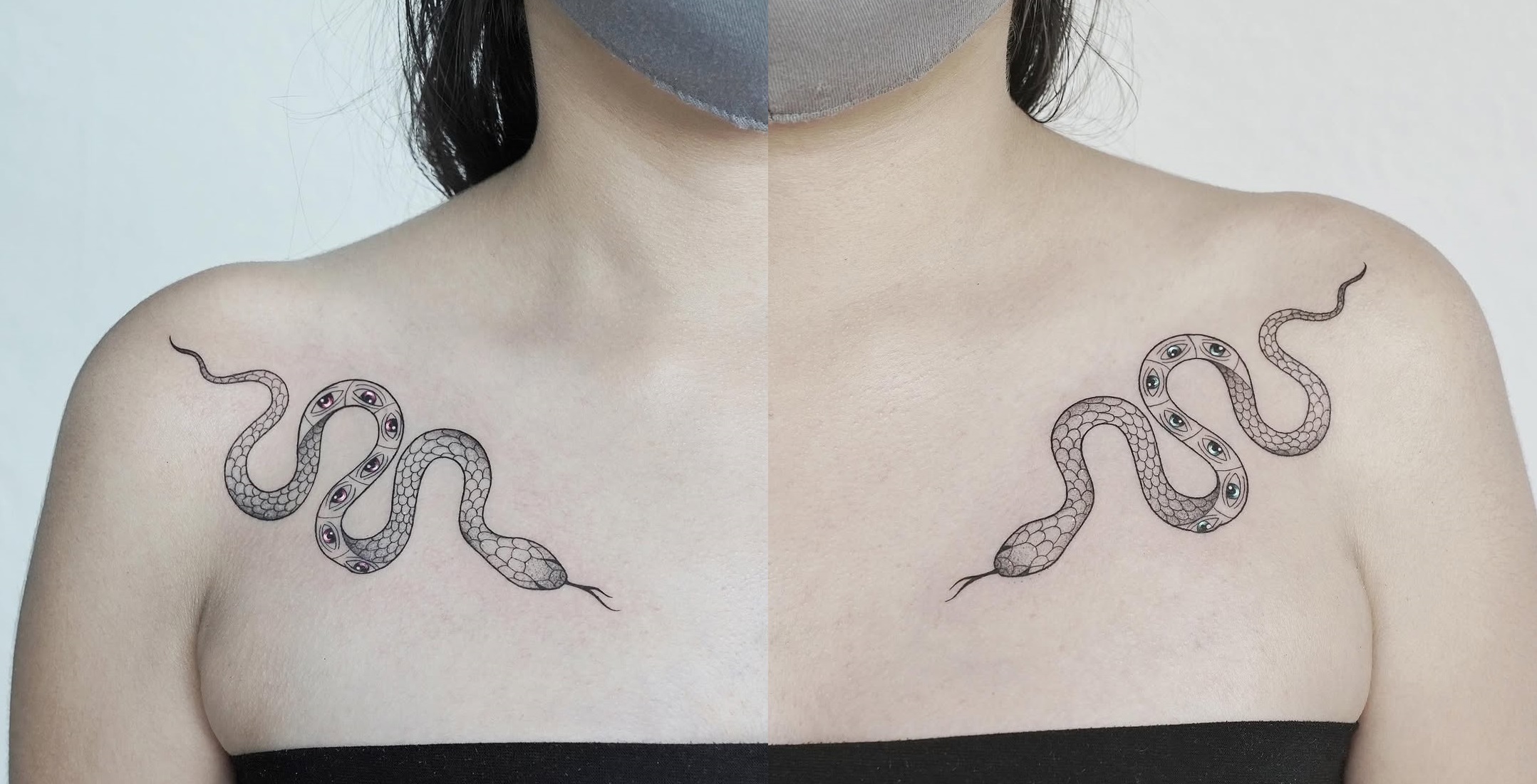Black and grey fine line multi-eyed snake tattoo on shoulder, symbolic wisdom design, Inknation Studio NYC