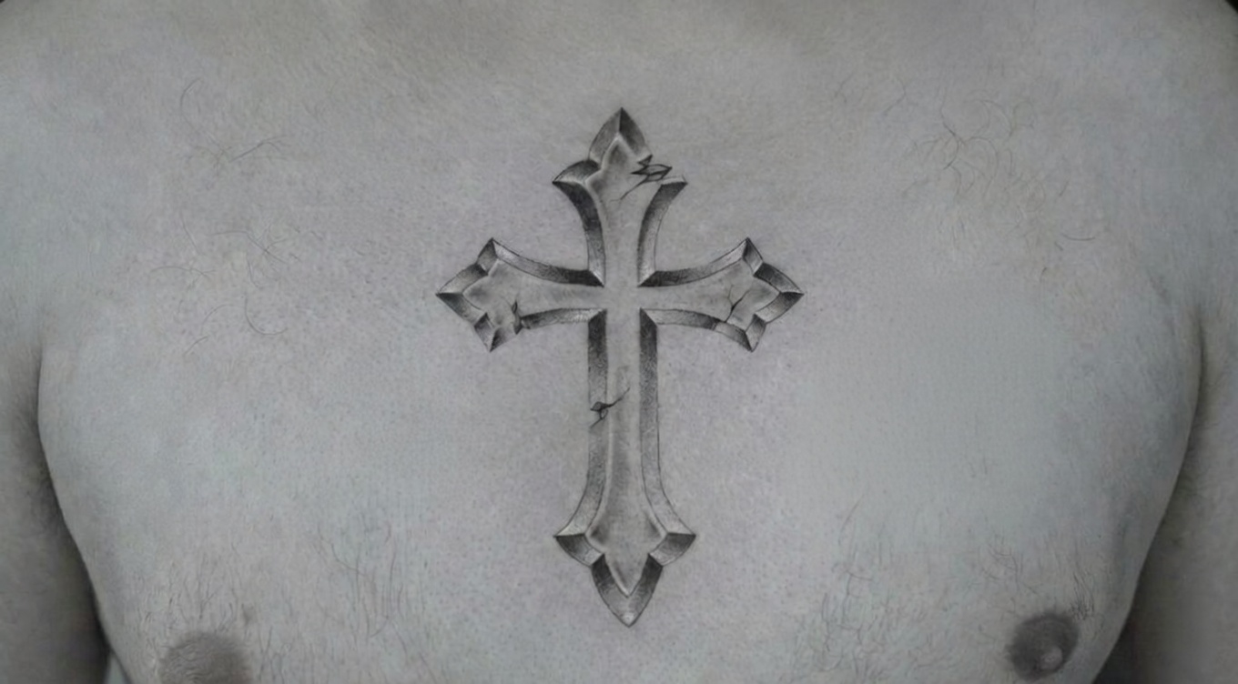 Black and grey gothic cross tattoo on chest, detailed shading, Inknation Studio NYC