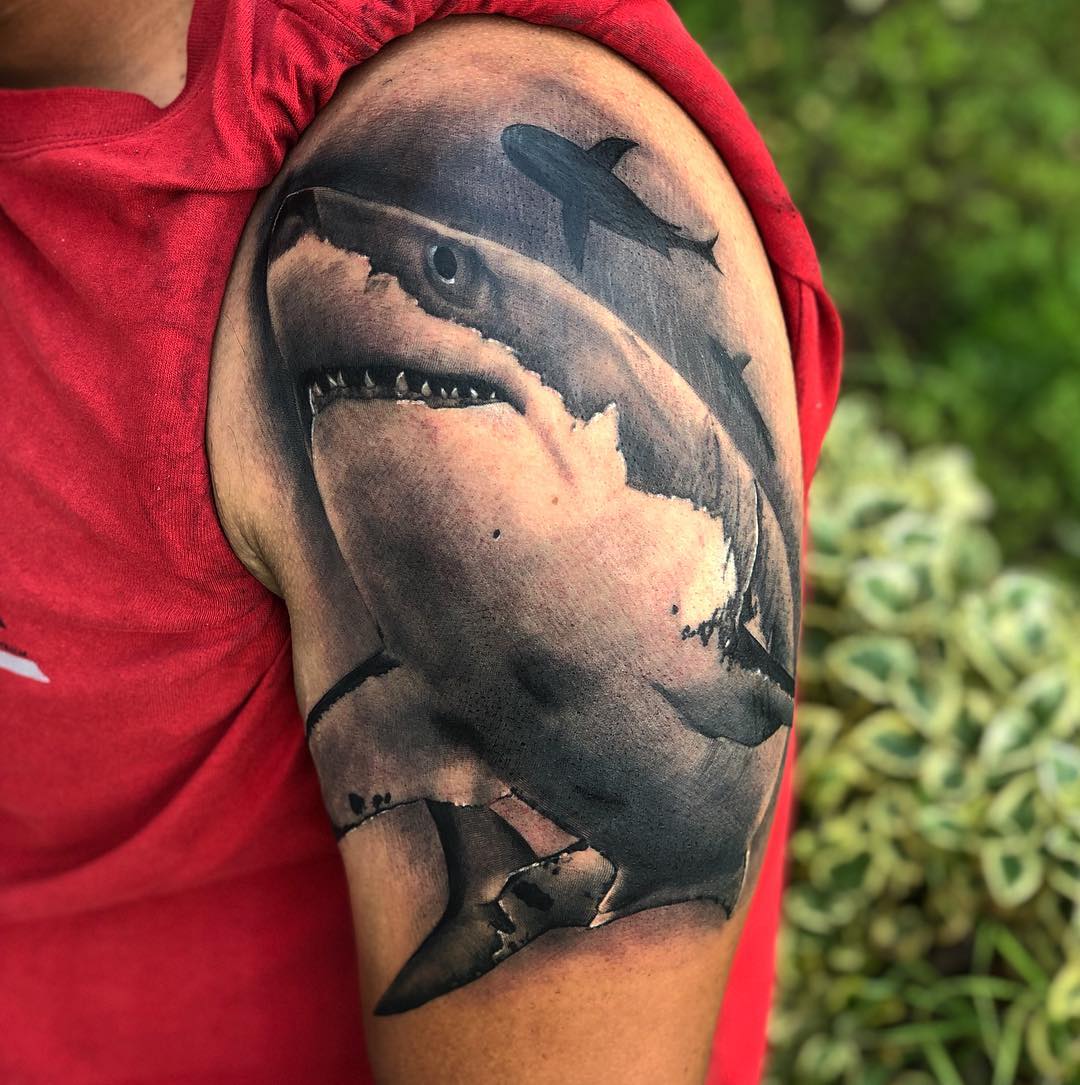 Black and grey great white shark silhouette tattoo on upper arm shoulder, realism, Inknation Studio