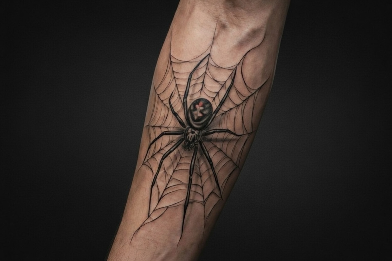 Black widow spider realism tattoo on forearm with glossy web, black and grey, Inknation Studio