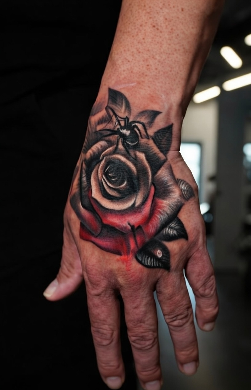 Black and grey realism black widow spider on rose hand tattoo, feminine power symbolism, Inknation Studio