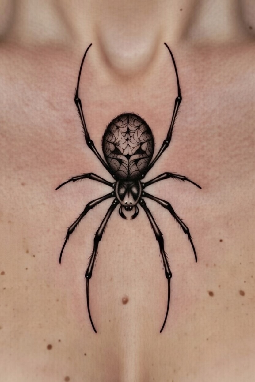 Black and grey realism black widow spider tattoo on chest sternum, feminine power symbolism, Inknation Studio