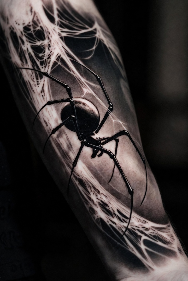 Black and grey realism black widow spider tattoo on forearm with detailed web, Inknation Studio
