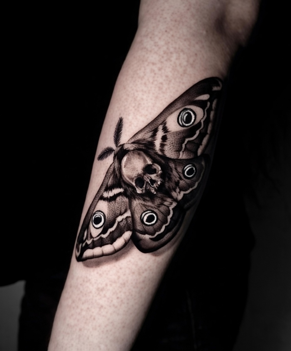 black grey realism death head moth forearm inknation tattoo by Inknation Studio NYC.realism-tattoo-arm