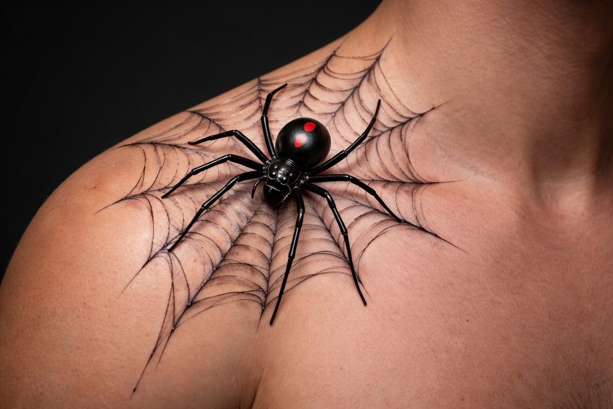Black widow spider neck tattoo with red hourglass on web, realism black ink, Inknation Studio
