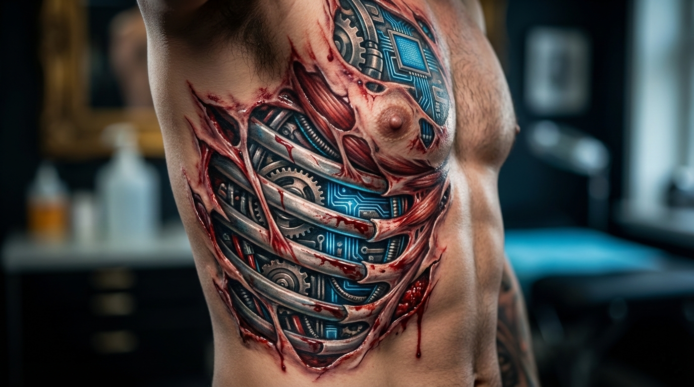Color biomechanical chest tattoo with torn skin revealing robotic armor and circuits, Inknation Studio