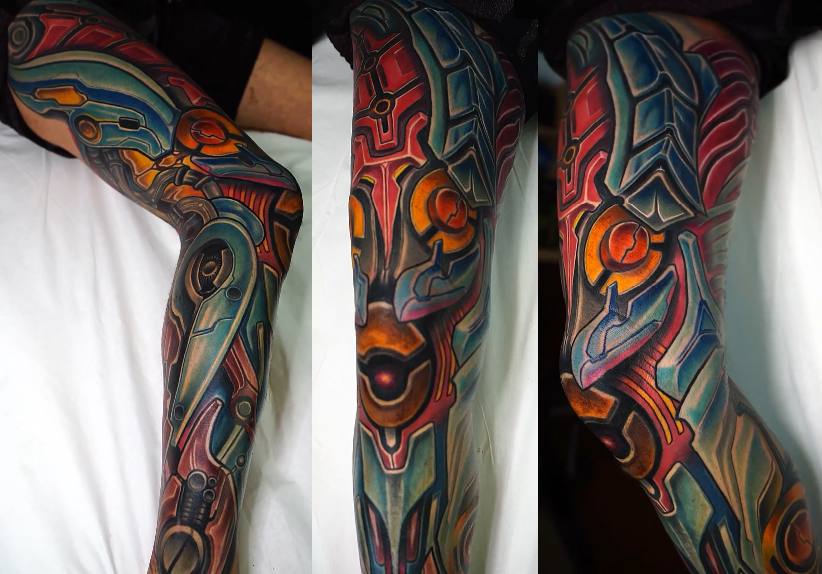 Color biomechanical leg tattoo with torn skin revealing colorful machinery, futuristic realism, Inknation Studio