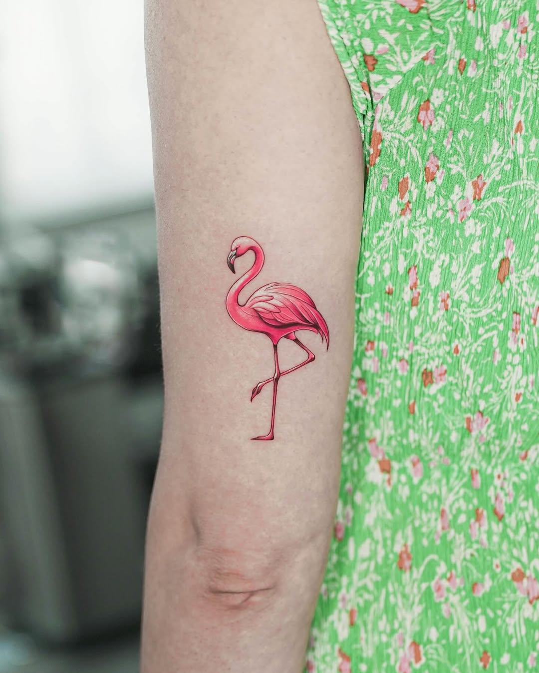 Color realism flamingo forearm tattoo bright pink, grace symbolism, Inknation Studio NYC