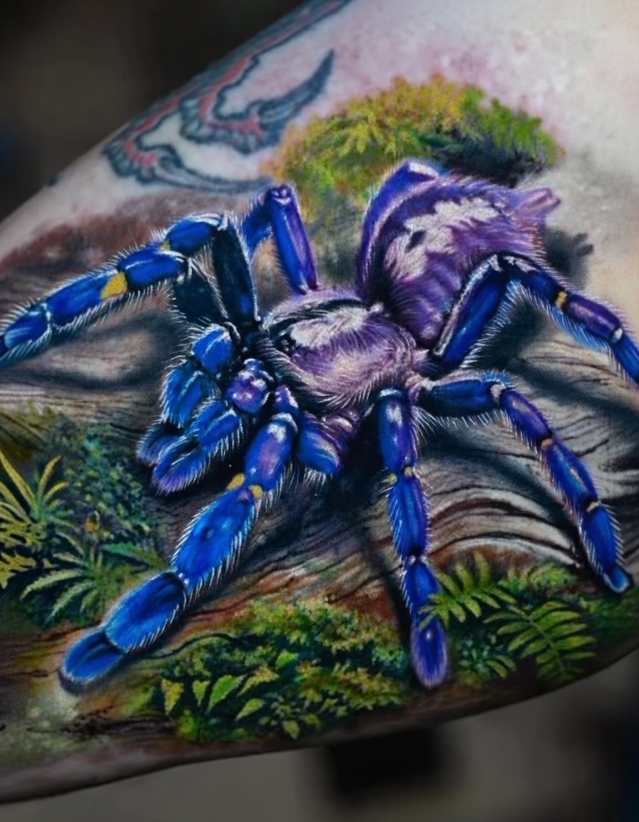 Color realism tarantula tattoo with blue and purple body on forearm, Inknation Studio
