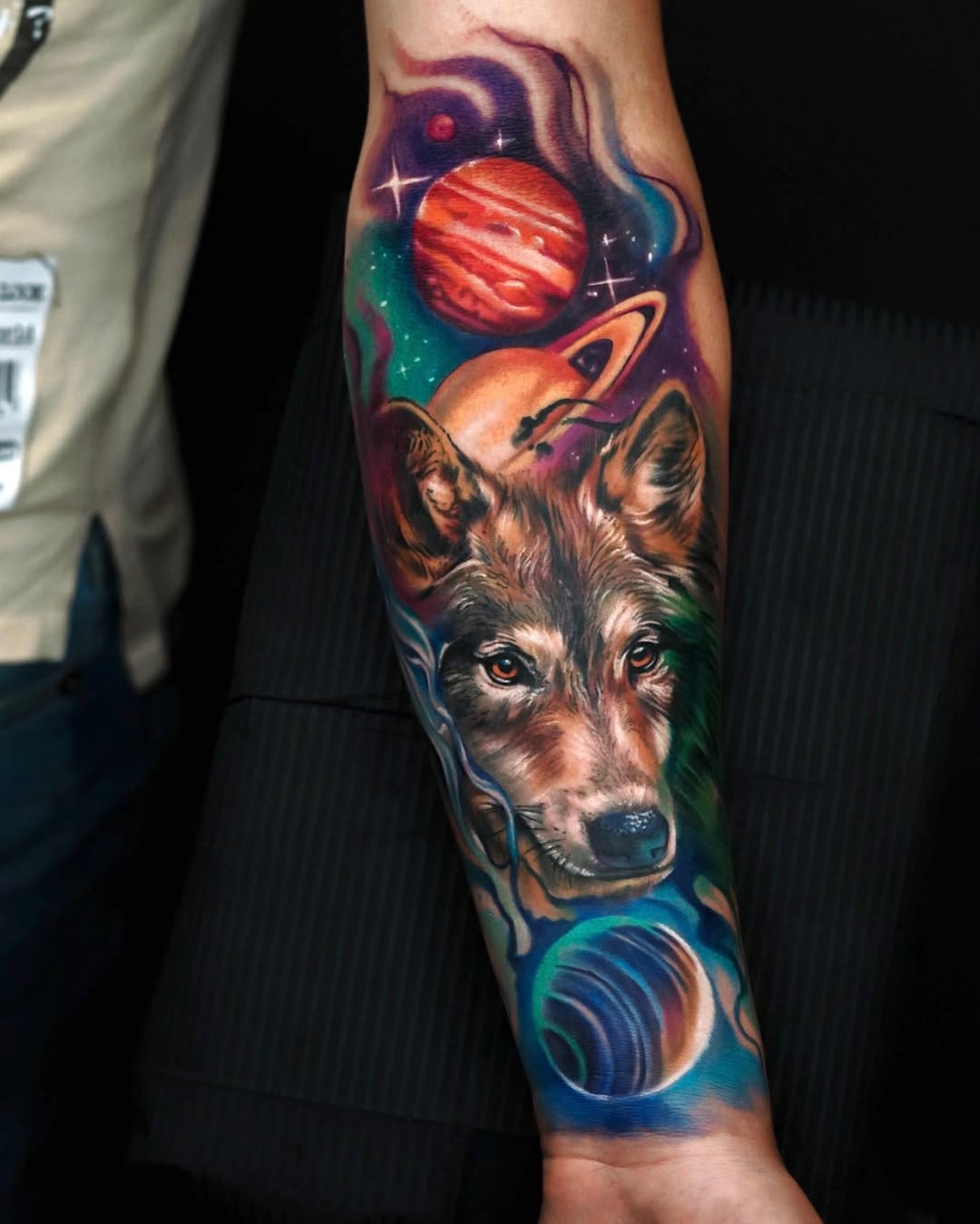 color realism wolf galaxy forearm tattoo.jpg tattoo by Inknation Studio NYC.realism-tattoo-arm