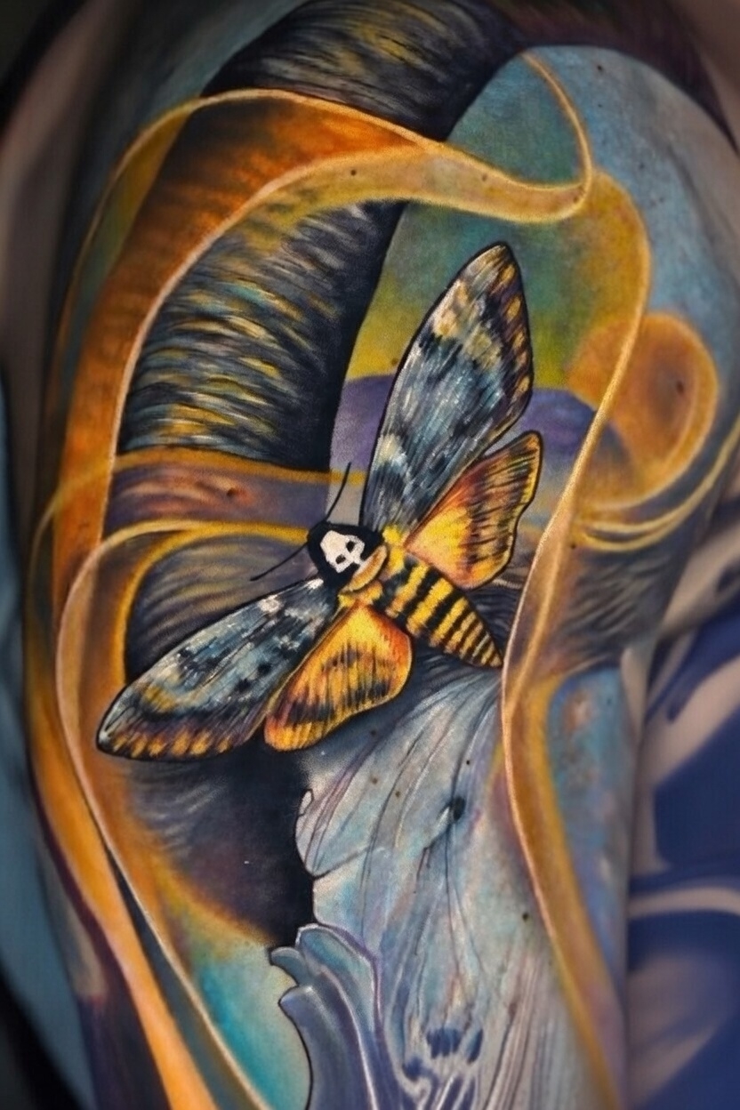 colorful death head moth tattoo skull arm inknation tattoo by Inknation Studio NYC.realism-tattoo-arm