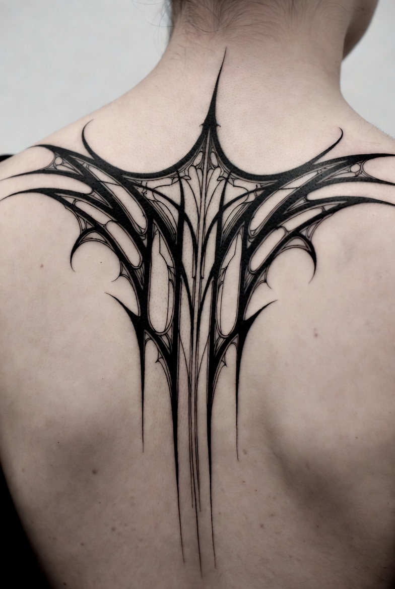 cyber sigilism back tattoo upper spine neck gothic 2026.jpg tattoo by Inknation Studio NYC.realism-tattoo-arm